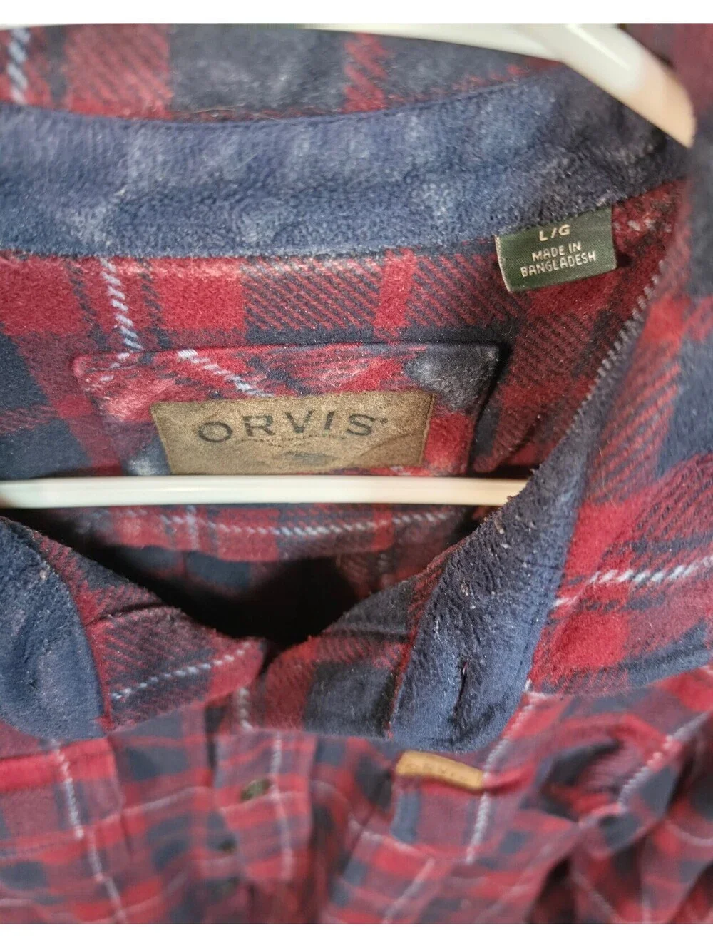 Orvis Men's Red and Navy Plaid Flannel Shirt Large